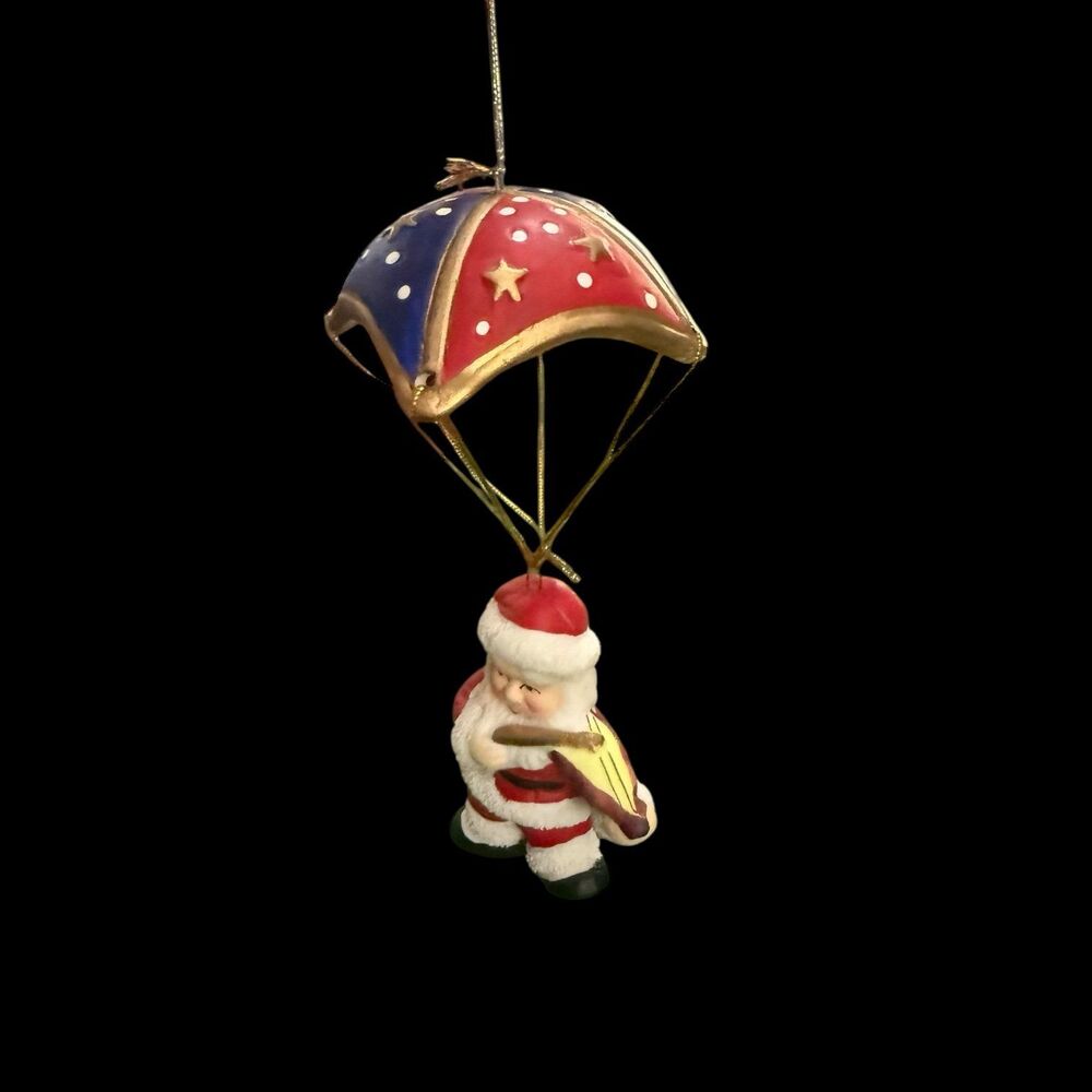 Parachuting, Fiddle playing Santa Ornament World Bazaars Vintage Christmas NOS